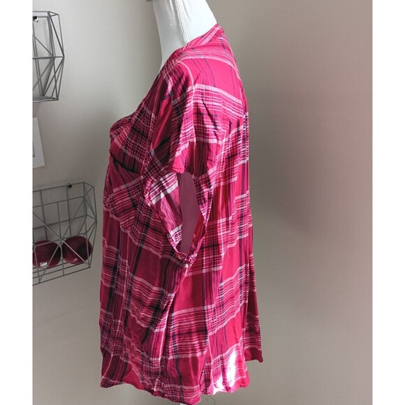 Torrid Red Challis Plaid button front short Dolman Sleeve blouse 2X - Picture 6 of 8
